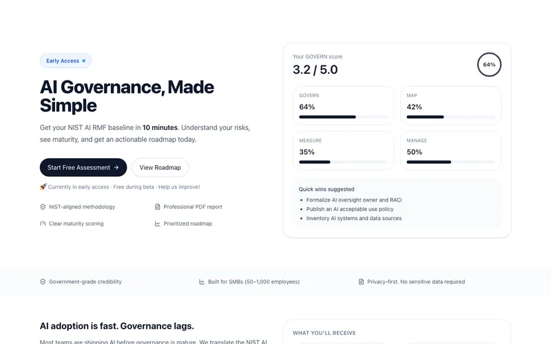 AI Risk Tools landing page showing the AI Governance assessment tool with NIST AI RMF scoring across GOVERN, MAP, MEASURE, and MANAGE dimensions